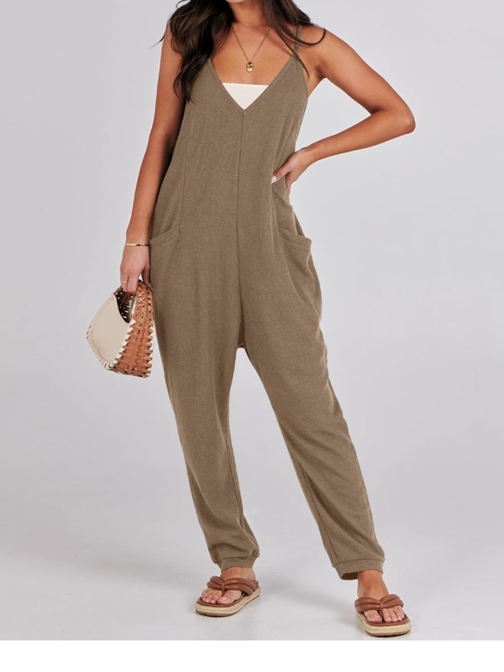 Relaxed V-Neck Tan Utility Jumpsuit